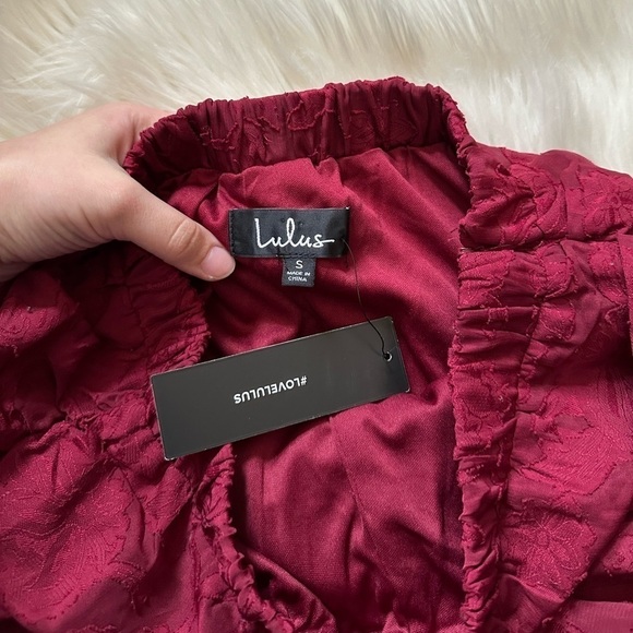 LULU’S Stealing Hearts Wine Red Jacquard Ruched Mini Skirt - Picture 6 of 6